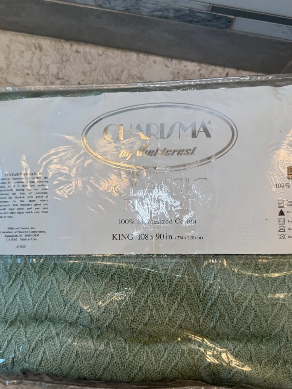 Vintage Charisma by Fieldcrest Classic Blanket size King‎ mint green 100% Cotton